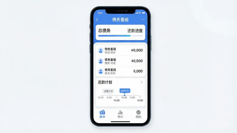 一张手机屏幕展示“债务重组”应用主界面的图片，主体是手机，布局是手机居中放置，排版是顶部显示总债务和还款进度，中间是清晰的债务列表和还款计划时间轴，底部是账单、统计、我的三个选项卡，风格是简约现代的扁平化设计，细节是图标圆润、配色以蓝白为主、文字清晰标注“债务重组”和各项数据，画质高清，干净，无多余元素