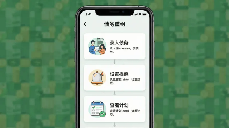 一张展示“债务重组”应用新手引导界面的图片，主体是手机屏幕上的步骤提示，布局是手机居中，排版是分步骤展示“录入债务”“设置提醒”“查看计划”三个卡片，风格是清新引导风，细节是卡片有插画、文字提示清晰、顶部有“债务重组”标题，画质高清，干净，无多余元素