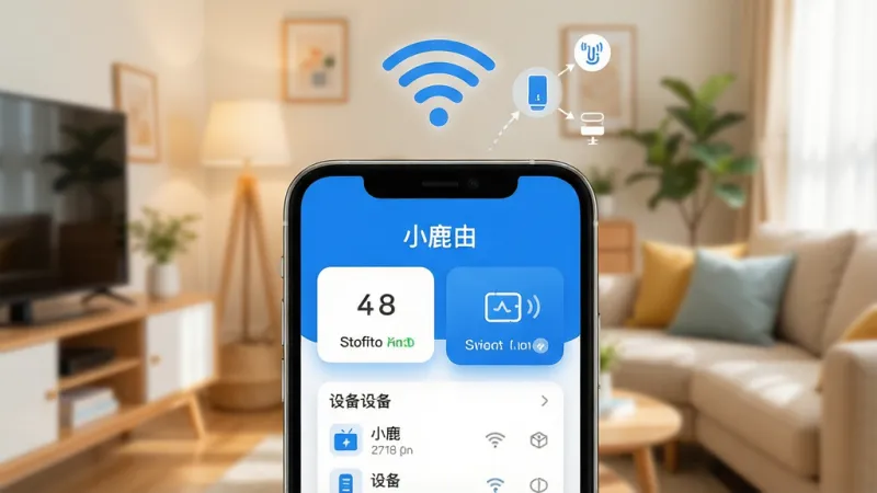 一张手机屏幕特写,屏幕中央显示“小鹿由”APP主界面,背景是温馨的家居环境,手机上方悬浮着WiFi信号图标和智能设备连接示意图,画面风格清新简洁,蓝白配色为主,布局清晰展示网络状态卡片和设备列表,画质干净明亮,无多余元素