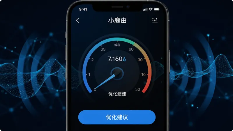 一张手机应用截图风格图片,画面中央是“小鹿由”的网络测速界面,显示着仪表盘样式的速度数值,下方有优化建议按钮,背景是抽象的网络信号波纹,风格科技感十足但保持简洁,蓝黑配色,画质清晰干净