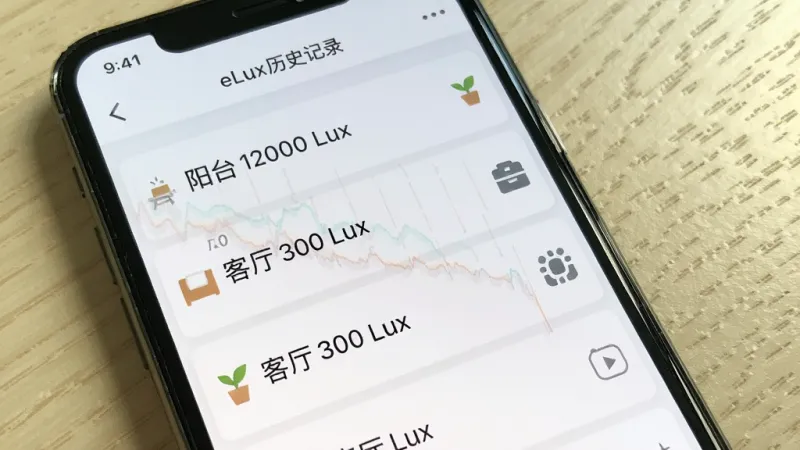 一张光强仪eLux历史记录页面的手机截图,屏幕上显示着多条带时间戳的光照记录,例如“阳台 12000 Lux”、“客厅 300 Lux”,每条记录旁边有小图标,背景是浅色木纹桌面,风格清爽,画质干净,文字清晰无多余元素