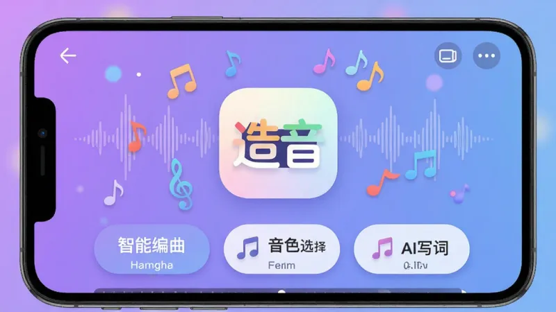 造音App主界面手机软件截图,画面中心是简洁明了的音乐创作面板,上面有“造音”的彩色Logo,周围环绕着跳动的音符和声波纹理,背景是柔和的紫蓝色渐变,风格现代扁平,细节圆润,画质干净无多余元素,UI布局清晰展示出智能编曲、音色选择和AI写词三个核心功能入口,整体呈现出一种轻松愉快的音乐创作氛围。