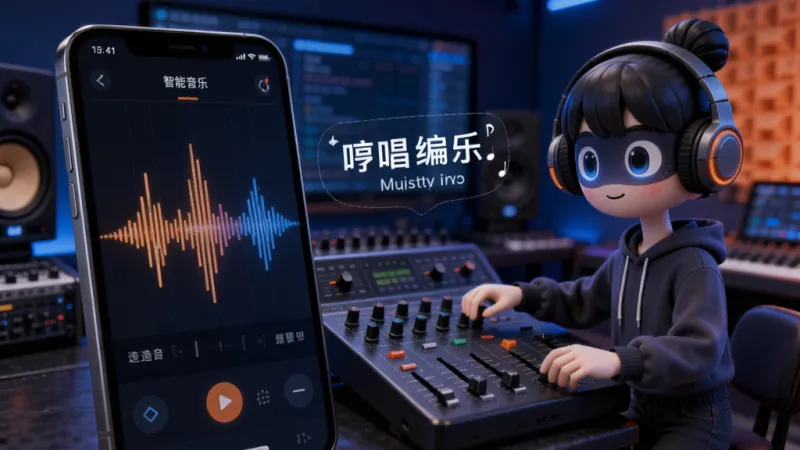 造音App智能编曲功能界面,画面中一部手机屏幕显示着声波曲线,旁边有一位虚拟AI音乐制作人形象正在操作调音台,背景是充满科技感的录音棚环境,光线柔和,主色调为深蓝与亮橙色对比,风格写实与卡通结合,画质清晰,突出“哼唱变音乐”的神奇过程。
