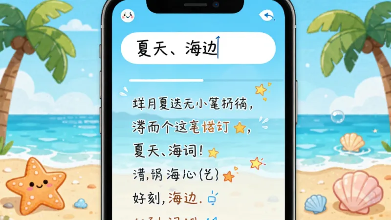 造音App的AI写词界面,手机屏幕上显示着“夏天、海边”关键词输入框,下方是正在生成的歌词段落,文字用活泼的手写体呈现,背景是夏日海滩的插画风格,有海星和贝壳点缀,整体色调清新明快,风格卡通可爱,画质干净,突出“灵感即刻生成”的主题。
