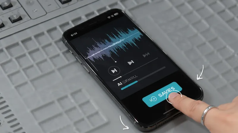 造音App操作界面截图,手机屏幕显示着录音波形和AI编曲进度条,旁边有手指点击保存按钮的示意,背景是简洁的灰色工作台,画面风格写实,突出操作步骤的指引感,画质清晰,无多余元素。