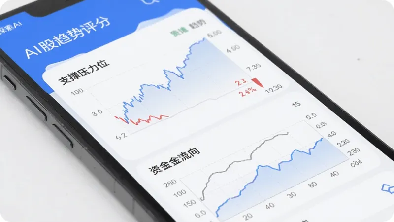 股探索AI 手机屏幕显示AI诊股报告 包含趋势评分 支撑压力位 资金流向图表 界面简洁 蓝色白色主色调 数据可视化清晰 画质干净 无多余元素