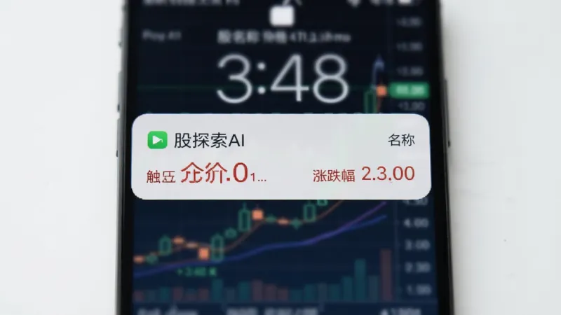 股探索AI 手机锁屏界面弹出股价预警通知 显示股票名称 触发价格 涨跌幅 背景为模糊的行情走势图 风格简洁 画质干净 无多余元素