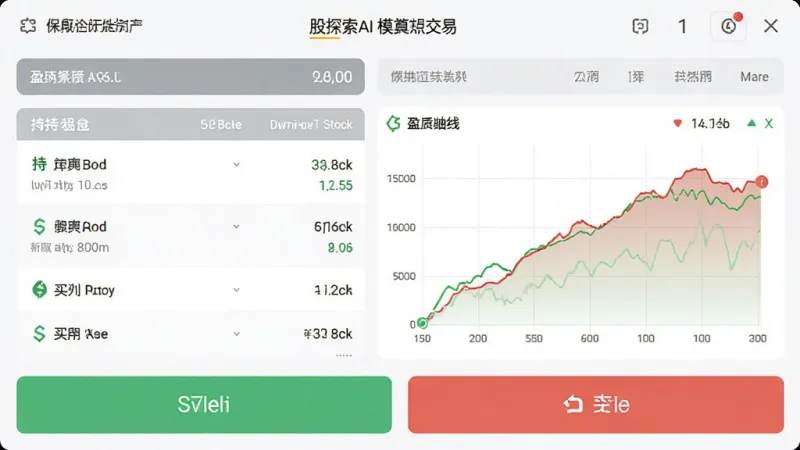 股探索AI 模拟交易界面 显示虚拟账户资产 持仓股票列表 盈亏曲线图 底部有买入卖出按钮 风格现代 数据清晰 画质干净 无多余元素