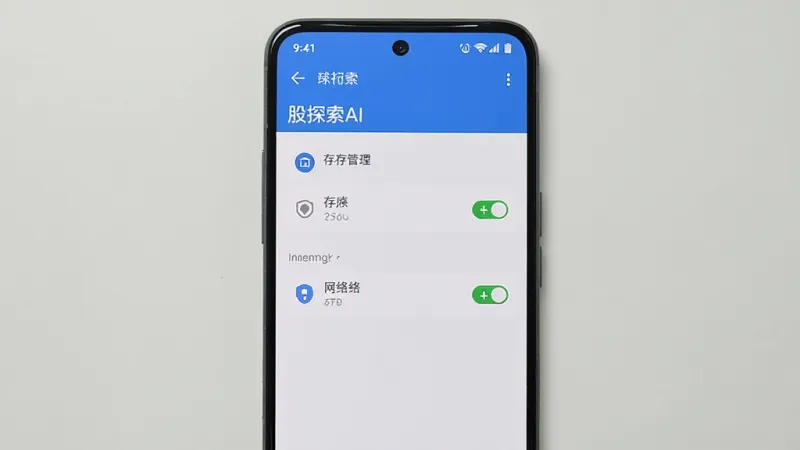 股探索AI 手机设置界面 显示应用权限管理 存储和网络权限已开启 背景为手机系统设置页 风格简洁 画质干净 无多余元素