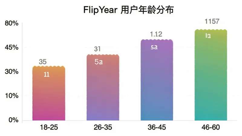 一张 FlipYear 用户年龄分布柱状图,横轴为年龄段18-25、26-35、36-45、46-60,纵轴为百分比,柱状颜色为渐变色,图表标题为 FlipYear 用户年龄分布,整体风格简洁现代,数据清晰,画质干净无多余元素