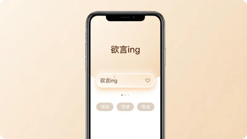 一张展示“欲言ing”App核心界面的手机样机图,主体是一部竖屏手机,屏幕内显示“欲言ing”的启动页和主界面,主界面中央是一个柔和的输入框,上方有“欲言ing”文字Logo,下方有情绪标签按钮,布局简洁居中,排版留白充足,风格温暖治愈系,细节上输入框有轻微发光效果,背景是浅米色渐变,画质清晰干净,无多余元素