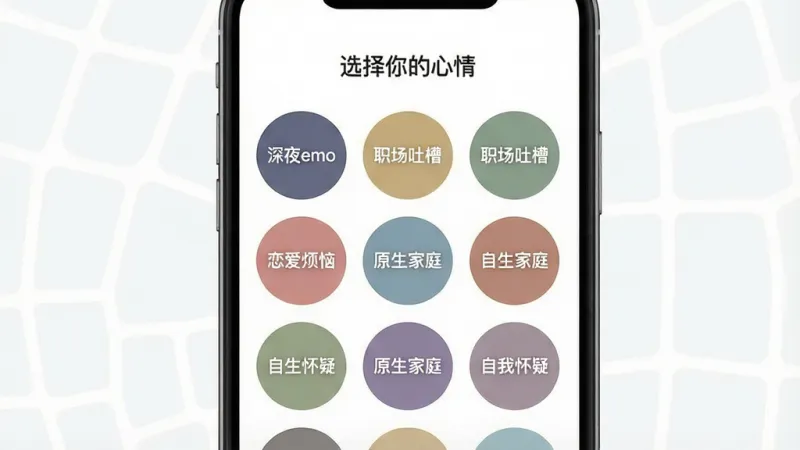 一张“欲言ing”情绪标签选择界面的手机样机图,手机屏幕显示多个彩色圆形标签排列成网格状,标签上分别写着“深夜emo”“职场吐槽”“恋爱烦恼”“原生家庭”“自我怀疑”等文字,每个标签颜色不同但饱和度偏低,背景为白色,顶部有“选择你的心情”字样,风格柔和扁平,排版整齐,画质干净,无多余元素