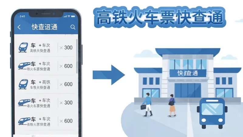 一张以“高铁火车票快查通”功能展示为主题的插画，画面左侧是手机屏幕显示车次列表，右侧是车站建筑和公交图标，中间有箭头连接，风格扁平化，颜色以蓝白为主，文字标注“高铁火车票快查通”，画质清晰，布局整洁