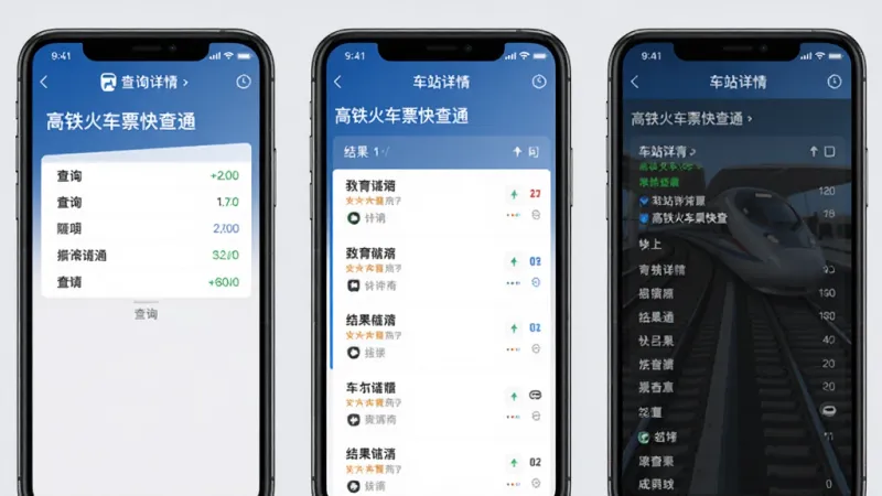 一张展示“高铁火车票快查通”在不同手机屏幕上运行效果的合成图，画面中有三部手机并排，分别显示查询界面、结果列表和车站详情，背景是淡灰色，整体风格简约现代，文字清晰可见，画质干净无多余元素