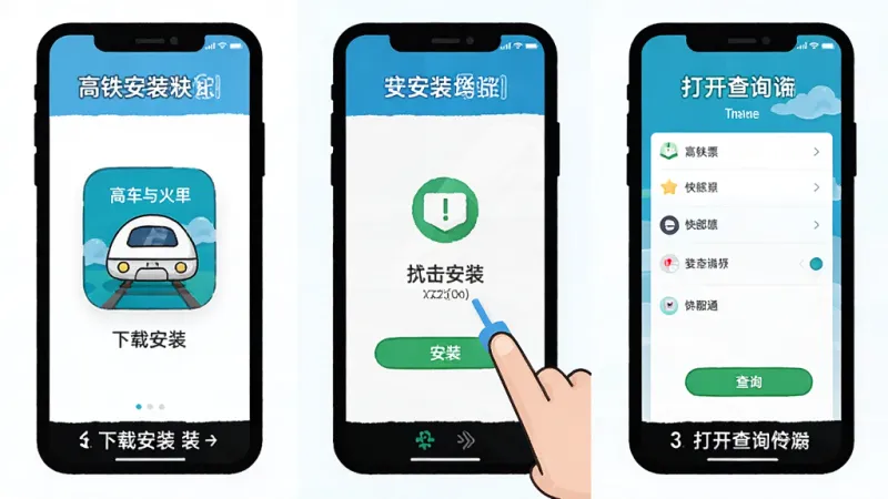 一张展示“高铁火车票快查通”在手机上安装和使用的步骤示意图，画面分为三格，第一格是下载安装包，第二格是点击安装，第三格是打开查询界面，每格都有简单文字标注，风格卡通扁平，颜色明亮，画质干净