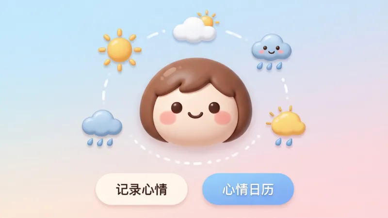 情绪娃娃 手机应用主界面,画面中央是一个圆润可爱的卡通娃娃笑脸,周围环绕着晴天、多云、小雨等情绪天气图标,下方有“记录心情”和“心情日历”两个圆角按钮,背景是淡蓝色到淡粉色的柔和渐变,整体布局简洁明快,风格温馨治愈,细节精致,画质干净,无多余元素