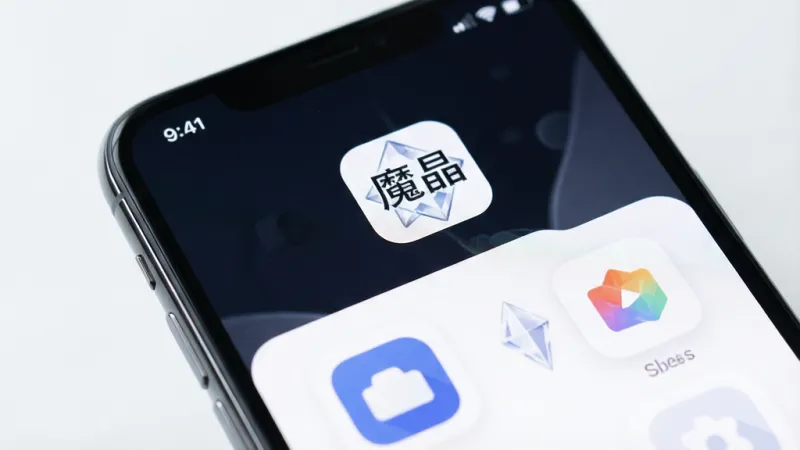 一张魔晶App功能界面特写图,画面中手机屏幕显示魔晶的极简白色界面,界面中央有“魔晶”Logo和几个扁平化功能图标,背景干净,光线柔和,风格现代,画质清晰