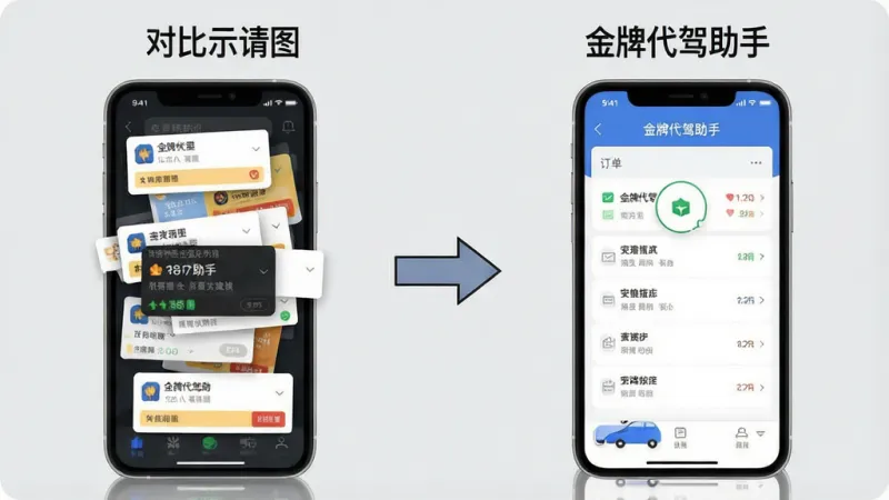 一张对比示意图,左侧是杂乱布满广告弹窗的手机屏幕,右侧是“金牌代驾助手”干净整洁的订单列表界面,中间用箭头连接,背景为浅灰色,风格为简洁信息图,画质清晰,干净,无多余元素