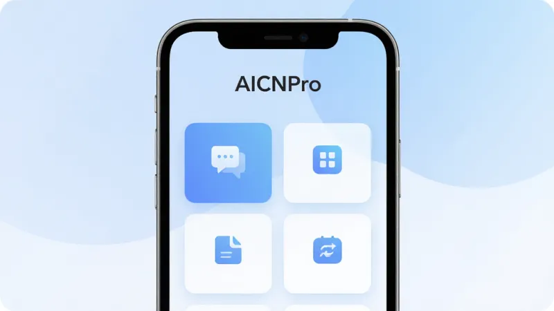 一张展示AICNPro软件主界面的图片，画面中央是手机屏幕，屏幕内显示AICNPro的简洁界面，顶部有“AICNPro”文字标识，中间是几个功能卡片图标，背景为柔和的蓝白渐变，风格现代扁平，细节干净无多余元素，画质清晰