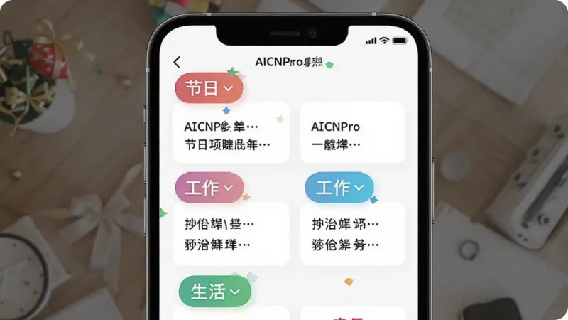 一张展示AICNPro灵感提示库的图片，手机屏幕显示多个彩色分类标签，如“节日”“工作”“生活”，每个标签下有几条文字提示，界面活泼但不过度花哨，风格统一，画质干净