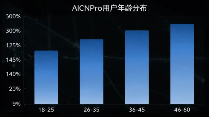 一张展示AICNPro用户年龄分布的柱状图，横轴为年龄段18-25、26-35、36-45、46-60，纵轴为用户占比百分比，柱体颜色为渐变蓝色，图表标题为“AICNPro用户年龄分布”，风格简洁数据可视化，画质清晰