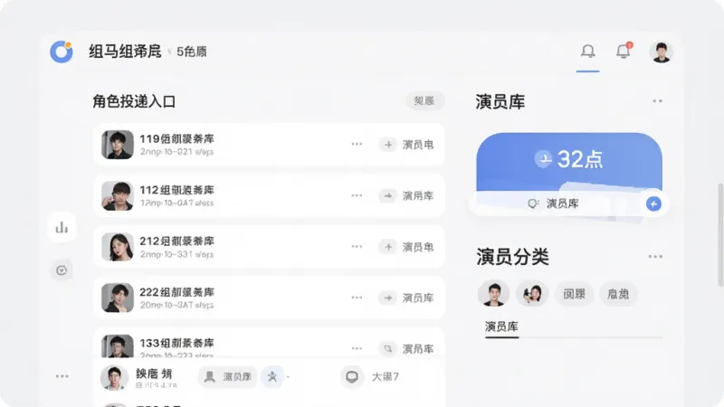 抓马选角软件主界面全貌展示,包含组讯通告列表、角色投递入口、演员库分类标签,排版清晰简洁,风格现代扁平,细节圆润,画质干净,无多余元素