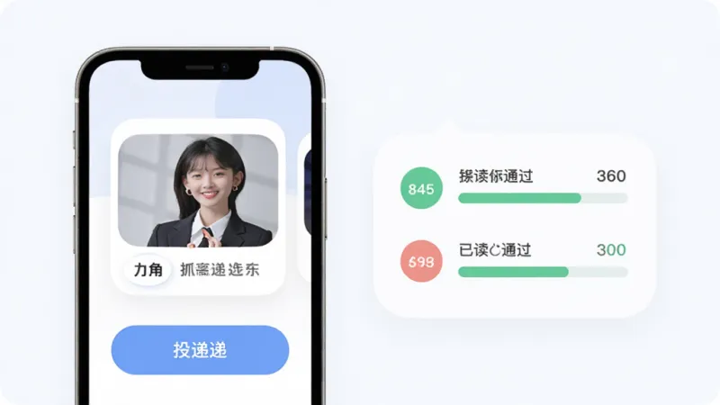 抓马选角一键投递功能展示,手机屏幕显示角色卡片和投递按钮,旁边有已读待定通过的进度状态图标,风格现代扁平,细节圆润,画质干净,无多余元素
