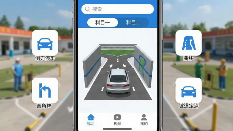 一张手机屏幕展示驾考宝典科目二APP主界面，画面中央是倒车入库的3D模拟示意图，周围环绕着侧方停车、曲线行驶、直角转弯、坡道定点五个项目的图标，顶部有搜索框和科目一科目二切换标签，底部是练习、视频、我的三个导航按钮，背景是驾校训练场实景虚化，风格现代扁平，蓝白主色调，画质干净清晰，无多余元素