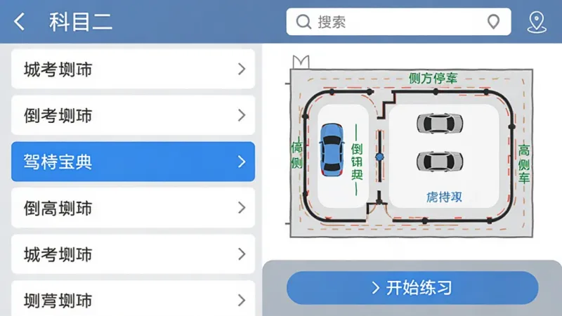 驾考宝典科目二APP的考场选择界面，列表展示多个城市和考场名称，其中一个考场被高亮选中，右侧显示该考场的平面路线图，包含倒车入库、侧方停车等区域标注，顶部有搜索栏和定位图标，底部是开始练习按钮，风格简洁清晰，蓝灰配色，画质干净利落