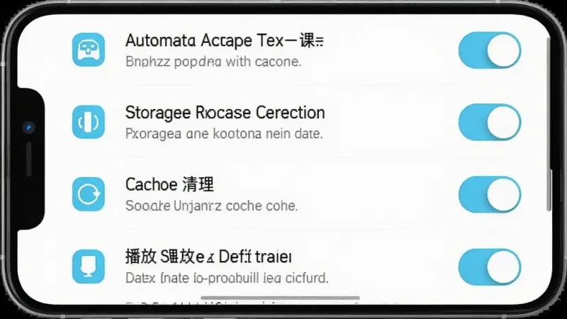 英语耳朵App设置界面截图,手机屏幕显示各种开关选项,包括自动缓存下一课、存储权限管理、缓存清理、播放速度默认值等设置项,界面排版清晰,每个选项旁边有简短的说明文字,背景为白色,图标为浅蓝色,整体风格简洁实用