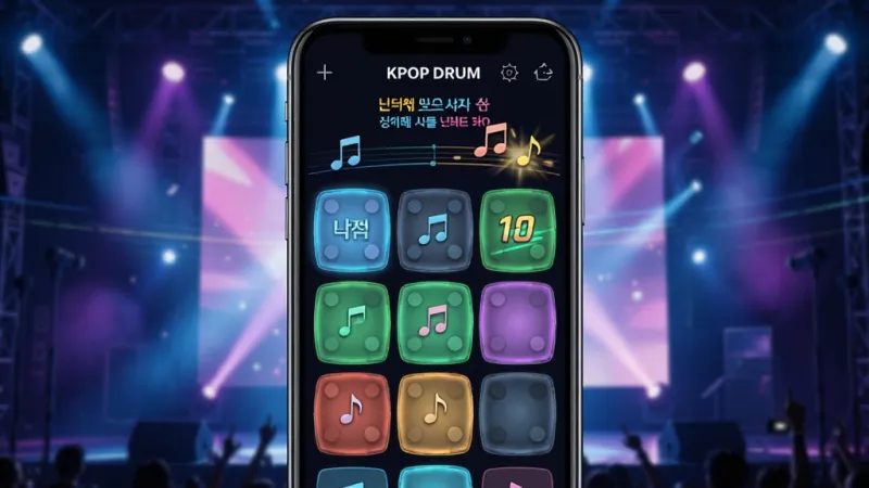 一张展现KPOP Drum软件核心界面的图片,主体是手机屏幕显示着色彩鲜艳的打击垫界面,上面有韩文和英文的曲目名称,背景是炫酷的舞台灯光效果,布局为手机竖屏展示,排版居中,风格为现代潮流科技感,细节包括发光的打击垫、跳动的音符图标和动态的连击数字,画质清晰,干净,无多余元素。