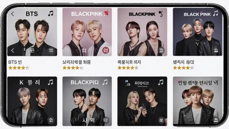 一张KPOP Drum曲库界面的图片,主体是手机屏幕上排列着多个K-POP组合的专辑封面,包含BTS、BLACKPINK等,布局为网格状,排版整齐,风格为流行音乐榜单风格,细节包括专辑封面上的韩文标题和难度星级标识,画质清晰,干净,无多余元素。