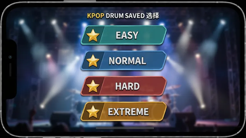 一张KPOP Drum难度选择界面的图片,主体是手机屏幕中央显示着四个不同颜色的难度按钮,分别为EASY、NORMAL、HARD、EXTREME,布局为纵向排列,排版清晰,风格为游戏UI设计风格,细节包括按钮上的星级图标和背景中模糊的舞台灯光,画质清晰,干净,无多余元素。