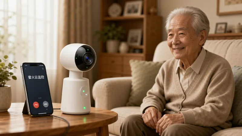 一张AI生成的图片,主体是一个温馨的客厅场景,一个老人坐在沙发上对着一个家用摄像头微笑,旁边茶几上放着一部手机,手机屏幕上显示“萤火云监控”的通话界面,布局是全景视角,风格是温馨生活照,细节上老人表情慈祥,摄像头指示灯亮起,画质温暖,干净,无多余元素。