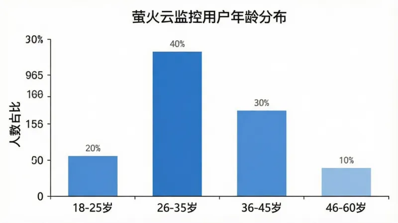 一张数据统计柱状图,标题为“萤火云监控用户年龄分布”,横轴是年龄段“18-25岁”、“26-35岁”、“36-45岁”、“46-60岁”,纵轴是人数占比,柱状图显示26-35岁占比最高为40%,36-45岁占比30%,18-25岁占比20%,46-60岁占比10%,图表风格简洁明了,颜色为蓝色系,背景干净,无多余元素。