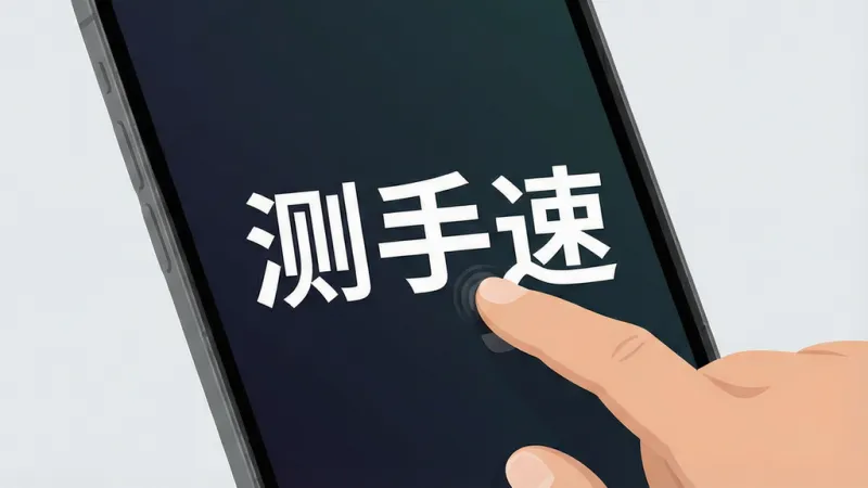 手机屏幕特写，画面中央显示“测手速”三个大字，一只手正在快速点击屏幕，背景是简洁的深色渐变，界面干净现代，风格扁平化，细节清晰，画质干净，无多余元素