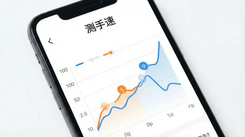手机界面展示数据统计图表，折线图显示手速变化趋势，顶部有“测手速”标题，背景白色，图表颜色为橙色和蓝色，风格极简，细节清晰，画质干净，无多余元素