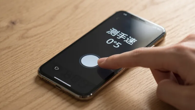 手机放在桌面上，一根手指正在点击屏幕上的圆形按钮，屏幕显示“测手速”和毫秒数，背景是木质桌面，光线柔和，风格写实，细节清晰，画质干净，无多余元素