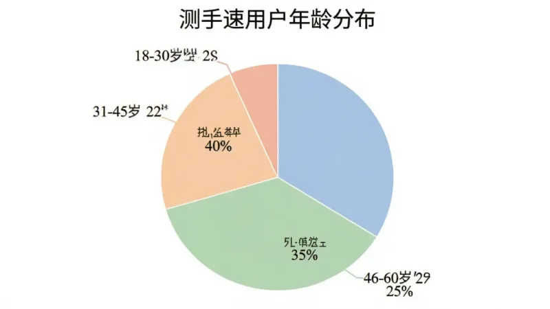 饼状图展示用户年龄分布，18-30岁占比40%，31-45岁占比35%，46-60岁占比25%，图表标题为“测手速用户年龄分布”，颜色柔和，风格简洁，细节清晰，画质干净
