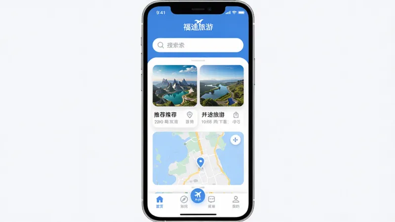 画面主体是一个智能手机,屏幕上显示“福途旅游”APP的主界面,界面布局简洁,顶部有搜索框,中间是推荐景点卡片和地图预览,底部有导航栏。排版采用居中构图,风格为现代扁平化设计,细节上图标圆润、文字清晰。画质高清,背景干净无多余元素,整体色调以蓝白为主,给人清新可靠的出行工具感。