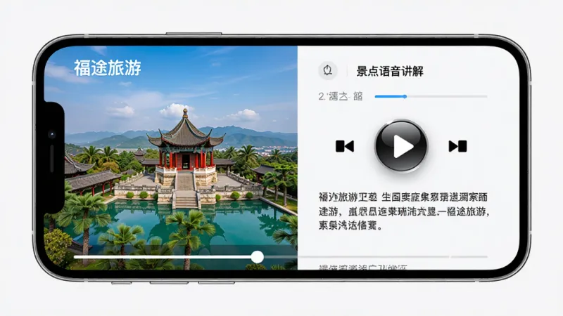 画面主体是一部手机横屏展示“福途旅游”的景点语音讲解界面,屏幕左侧是景点图片,右侧是播放控制区和文字简介,底部有进度条。排版采用左右分栏,风格为简约现代,细节上播放按钮有高光效果,文字清晰易读。画质高清,背景为纯色,干净无多余元素,体现专注听讲解的氛围。