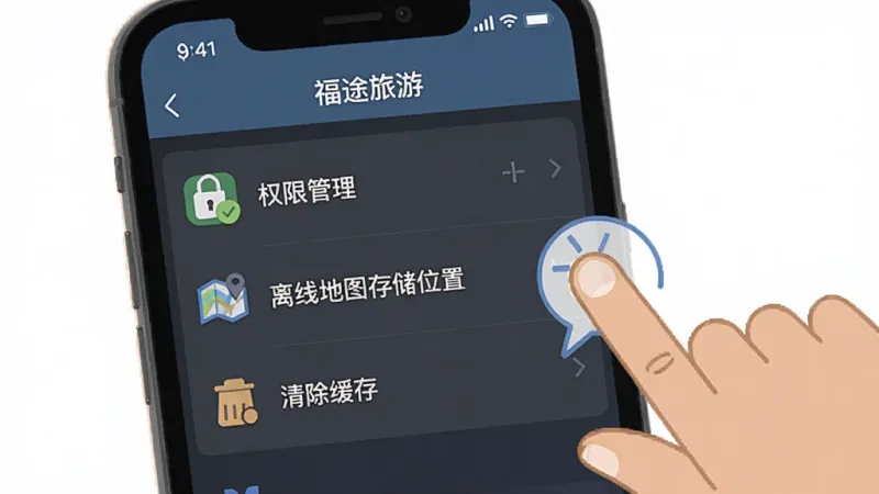 画面主体是一个手机屏幕截图,展示“福途旅游”的设置页面,页面上有“权限管理”、“离线地图存储位置”、“清除缓存”等选项,旁边有手指点击的示意动画。排版采用列表式布局,风格为扁平化设计,细节上图标简洁,文字清晰。画质高清,背景干净,无多余元素,突出操作指引感。