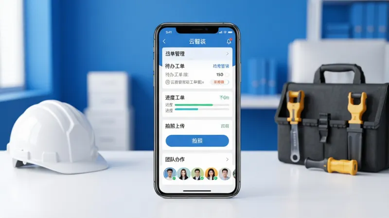 一张展示云智装企业版APP核心界面的图片,画面中央是一部智能手机,屏幕上显示着云智装企业版的工单管理主界面,包含待办工单列表、进度条、拍照上传按钮和团队协作头像栏,背景是简洁的蓝白配色办公环境,桌上放着安全帽和工具包,风格现代写实,细节清晰,画质干净明亮,无多余元素