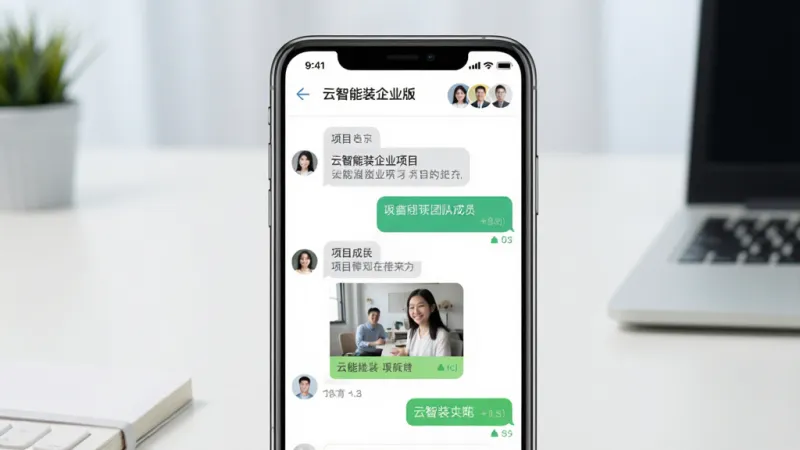 云智装企业版团队协作界面截图,画面展示手机屏幕上的项目群聊界面,有文字消息图片消息和已读未读状态标记,顶部显示项目名称和成员头像,背景是简洁的办公桌面,风格现代扁平,画质干净,无多余元素