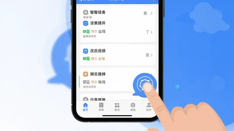 云智装企业版手机端操作界面截图,画面展示手机屏幕上显示工单列表和底部导航栏,旁边有手指点击操作示意,背景是简洁的蓝白配色,风格现代扁平,画质干净,无多余元素