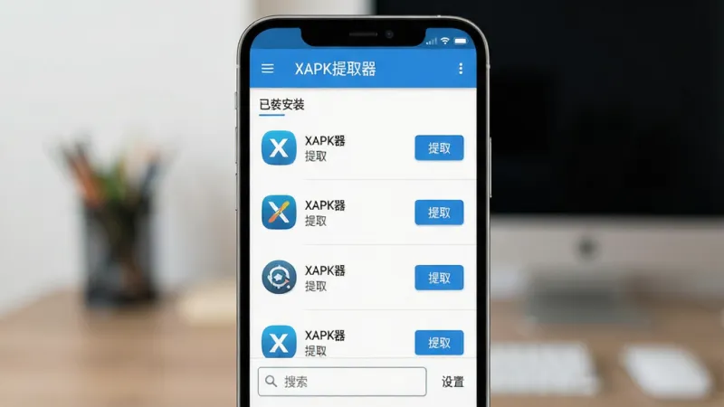一张展示XAPK提取器软件主界面的图片，画面中央是手机屏幕，屏幕内显示XAPK提取器应用的主界面，顶部标题栏写着“XAPK提取器”，中间是已安装应用列表，每个应用旁边有提取按钮，底部有搜索框和设置选项，整体布局简洁明了，以蓝白色调为主，风格现代扁平，细节清晰，画质干净无多余元素，适合作为软件介绍配图。
