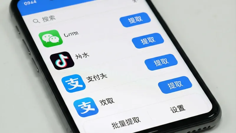 一张展示XAPK提取器应用列表界面的图片，画面主体是手机屏幕，屏幕内显示应用列表页面，列表中有微信、抖音、支付宝等常见应用图标和名称，每个应用右侧有一个蓝色的“提取”按钮，顶部有搜索栏，底部有“批量提取”和“设置”按钮，整体布局清晰，风格简洁明快，画质干净无多余元素，图片中文字清晰可见。