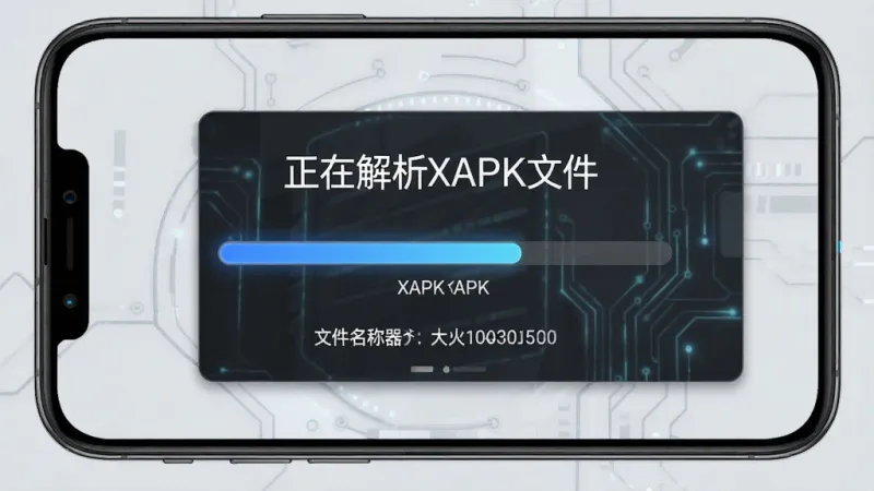 一张展示XAPK提取器解析XAPK文件过程的图片，画面中央是手机屏幕，屏幕内显示一个进度条正在解析文件，上方有“正在解析XAPK文件”的提示文字，下方显示文件名称和大小，背景是浅灰色，整体风格简洁科技感，画质干净，图片中文字清晰可见。