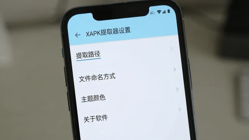 一张展示XAPK提取器设置界面的图片，画面主体是手机屏幕，屏幕内显示设置页面，包括“提取路径”“文件命名方式”“主题颜色”“关于软件”等选项，界面简洁无广告，以白色和浅蓝色为主色调，整体布局清晰，风格清爽，画质干净，图片中文字清晰可见。