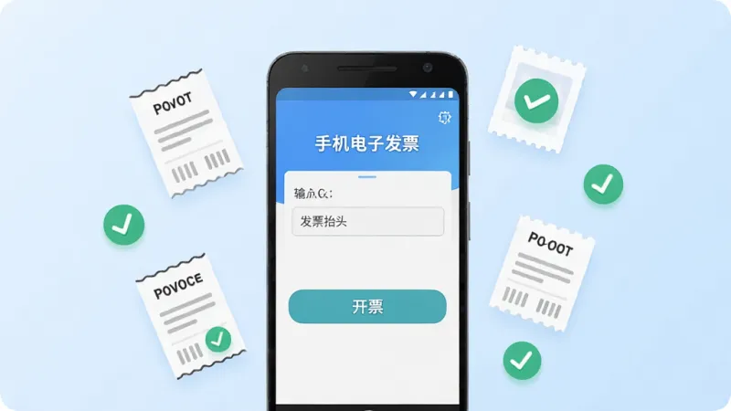 手机应用商店展示页风格，画面中央是一部安卓手机，手机屏幕上显示“手机电子发票”软件的首页界面，界面中有发票抬头输入框和开票按钮，手机周围漂浮着电子发票单据图标和勾选符号，背景是干净的浅蓝色渐变，风格现代扁平，细节圆润，画质清晰干净，无多余元素